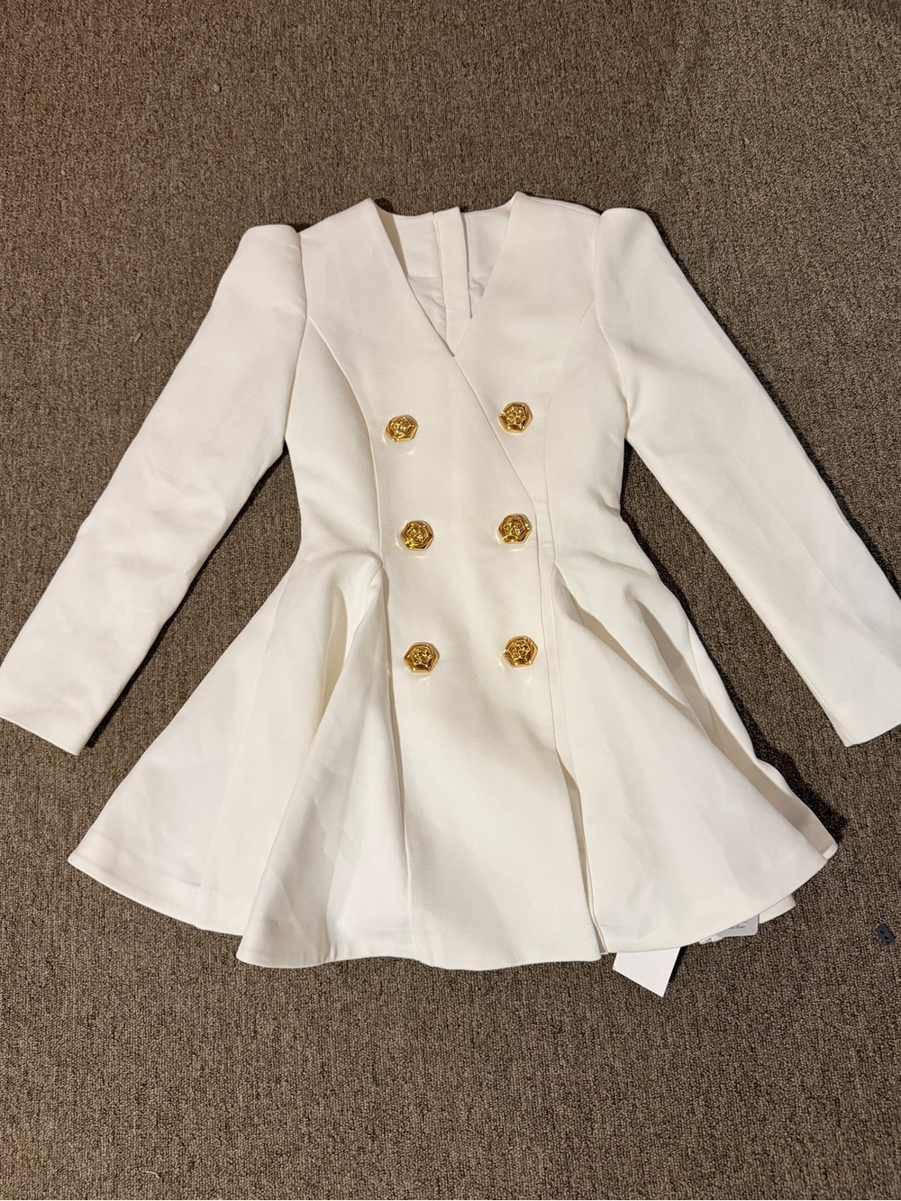 White Double-Breasted Peplum Mini Dress with Gold Buttons
